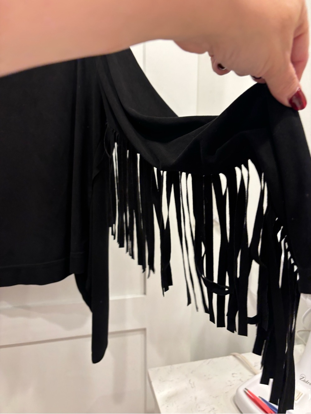 Moon Collection Black Draped Fringe Faux Suede Open Front Cardigan / Jacket - Picture 2 of 7